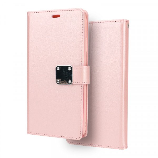 Wholesale iPhone Xr 6.1in Multi Pockets Folio Flip Leather Wallet Case with Strap (Rose Gold)